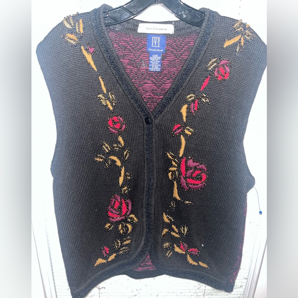 Ivy Collectibles Ramie Cotton Blend L Floral beaded Black vest hand embroidered